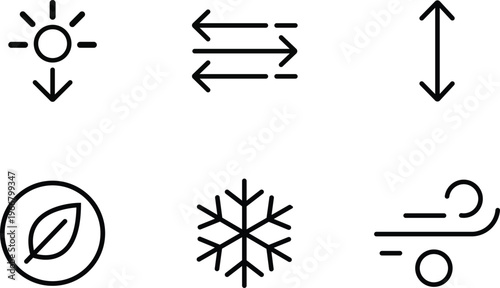 Collection of six simple line icons representing weather phenomena and nature elements isolated on transparent background