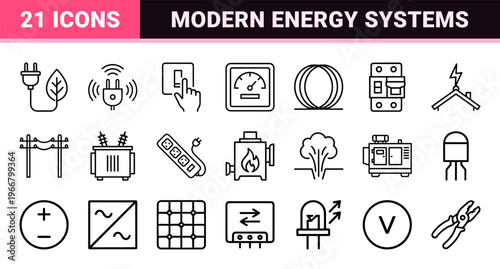 Sustainable Energy and Electricity Infrastructure Line Art: Minimalist Monoline Symbols for Power Generation, Engineering, and Green Technology