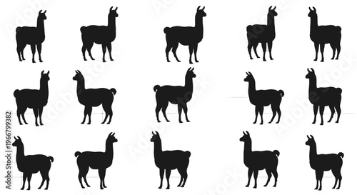 Seamless pattern of black llama silhouettes on a white grid background representing a playful and whimsical design for textiles stationery or digital art
