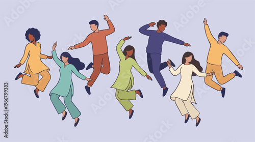 Joyful diverse people in traditional attire jumping in celebration