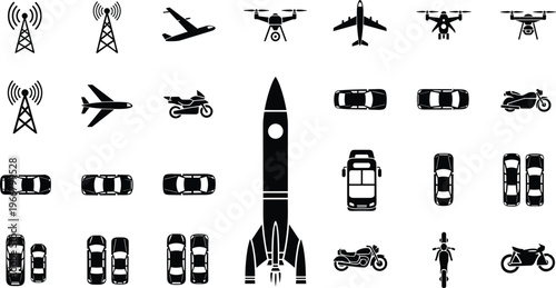 Large vector collection of black silhouettes featuring a rocket ship aircraft drones cars and motorcycles from various angles isolated on white.
