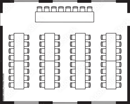 A top-down architectural layout plan of a modern meeting space, showcasing tables and chairs in an organized arrangement. The design emphasizes functionality and collaborative work.