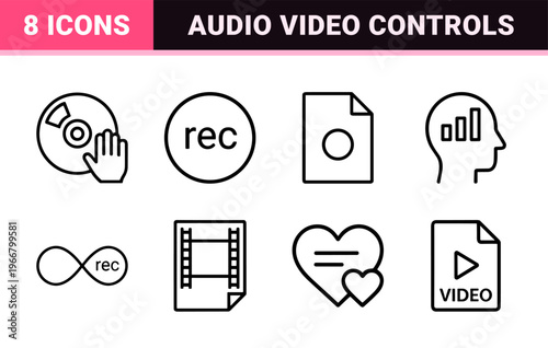 Multimedia Interface and Entertainment Hardware Line Art Set Featuring minimalist Monoline Geometric Symbols for Audio and Video Apps.