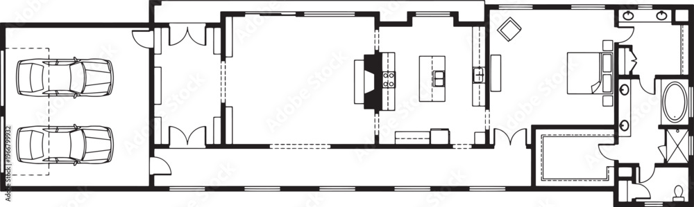 Obraz premium Architectural blueprint, showcasing the intricate design of a residential property, depicting a detailed layout of the structure's interior and exterior elements.