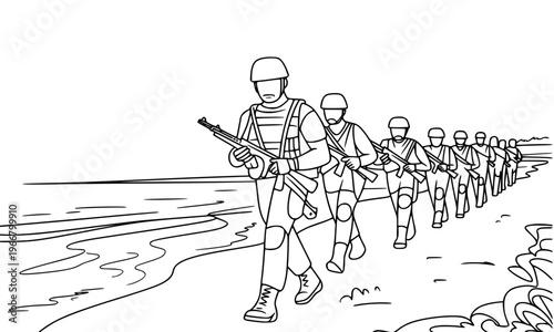  Military Soldiers Marching in Formation Along Beach Shoreline — Continuous Line Art Sketch Vector Illustration of Army Troops for Editorial, Historical, and Educational Use
