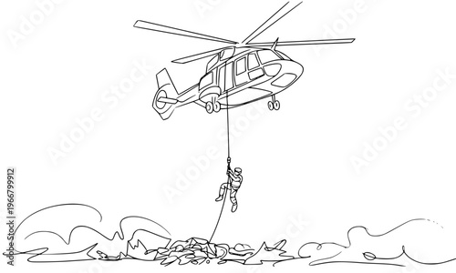 Continuous line drawing of a soldier rappelling from a military helicopter, minimalist one line art illustration of an army rescue operation, ideal for poster and print design