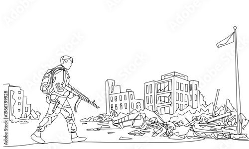Soldier Walking Through Destroyed City Ruins — Continuous Line Art Sketch Vector Illustration of War Zone, Military Combat Scene for Editorial and Educational Use