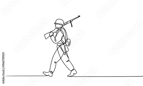 Continuous line drawing of a marching soldier carrying a rifle, minimalist one line art illustration of a military warrior in action, perfect for poster and print design