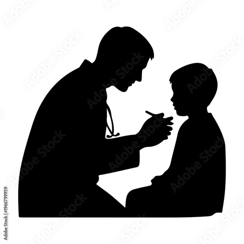 Doctor examining child's throat with spatula, silhouette vector illustration