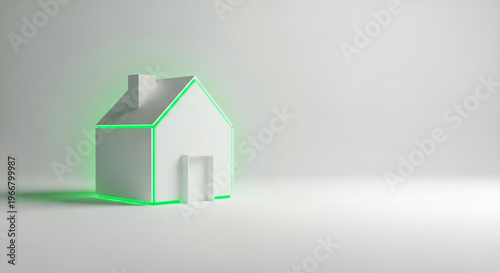 Smart eco friendly home technology concept with green neon lighting and copy space for real estate automation website header
