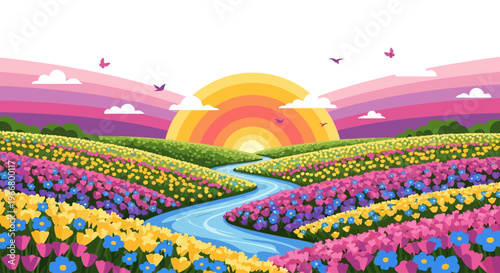 Colorful floral landscape with a rising sun on transparent background silhouette