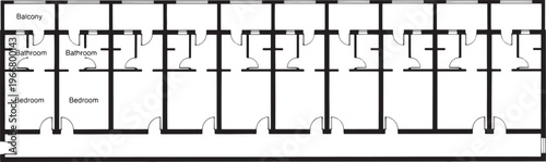 Architectural floor plan of a multi-unit dwelling, showcasing a structured arrangement of identical units, emphasizing spatial organization and design efficiency. 