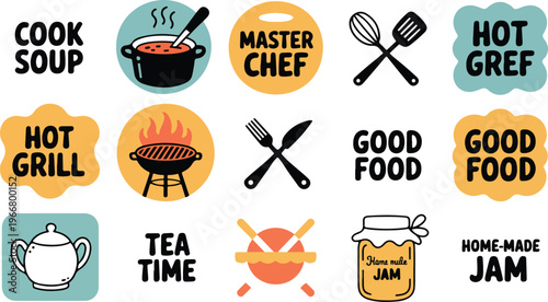 Retro cooking and food icon collection featuring steaming pots, crossed utensils, grill symbols and chef theme minimalist design