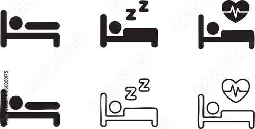 Minimal Line Sleep Icon Set with Bed Zzz and Heart Monitoring Symbols