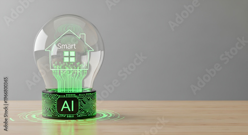 AI smart home automation concept with futuristic light bulb and house hologram with copy space for digital home technology landing page