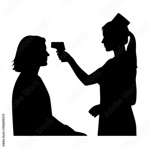 Nurse takes temperature with infrared thermometer, vector illustration