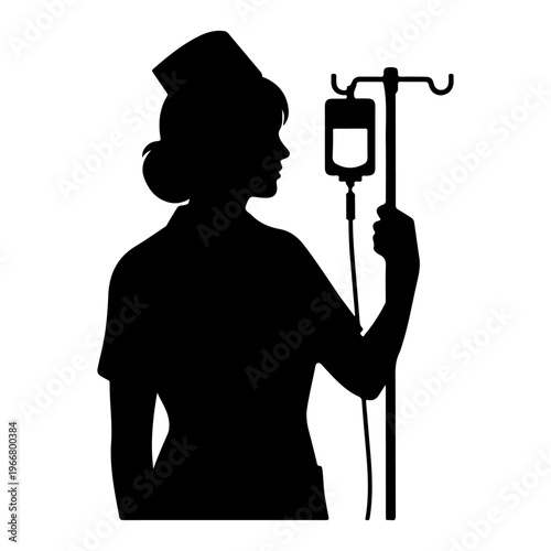 Nurse silhouette with IV drip, healthcare vector illustration