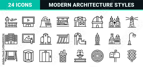 Urban Architecture and Real Estate Infrastructure Minimalist Monoline Outline Symbols for Professional Construction and City Planning Navigation