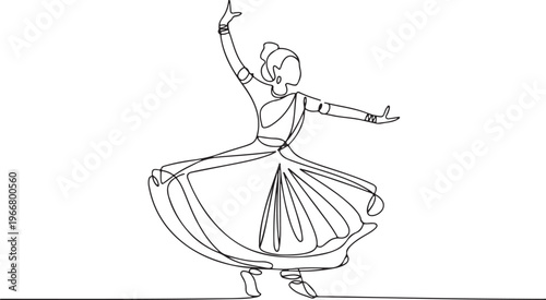 Graceful One-Line Drawing of a Kathak Dancer in Motion, Depicting Fluidity and Artistic Expression