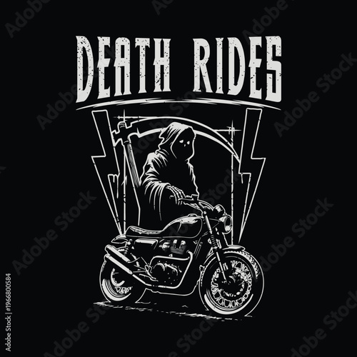 Monochrome Death Rides - Grim Reaper Riding Motorcycle Illustration