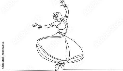 Line art illustration of a dancer in traditional Indian attire gracefully performing a classical dance pose on pointe shoes