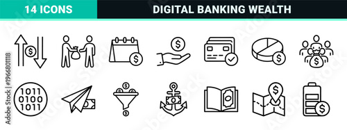 Commercial Banking and Financial Management Outline Icon Set. Minimalist monoline geometric line art for fintech and investment apps.