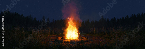 Photos 3D Rendering of a campfire with sparks and particles in front of wild grass and starry sky