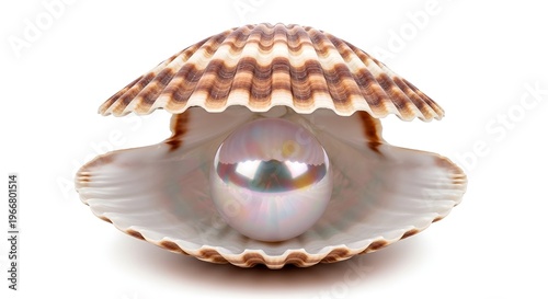 Pearl nestled in half-open golden scallop shell on white background, elegant jewelry concept