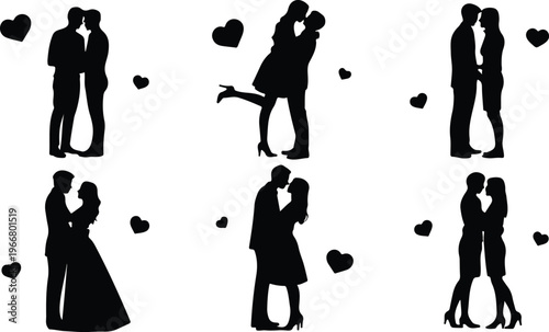 Minimalist couple silhouette collection with love, wedding, dance, and romantic poses arranged in 2x3 grid flat black vector illustration