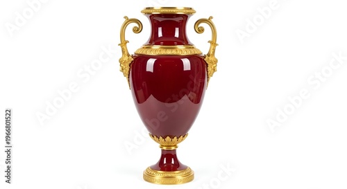 Elegant red and gold trophy vase with ornate handles on white background