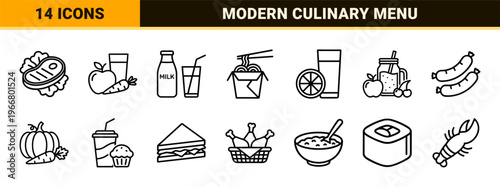 Minimalist Monoline Food and Beverage Outline Icons featuring Geometric Line Art for Menu Design and Digital Interface Navigation