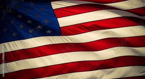 American flag waving in dramatic sunlight with stars and stripes texture for patriotic themes