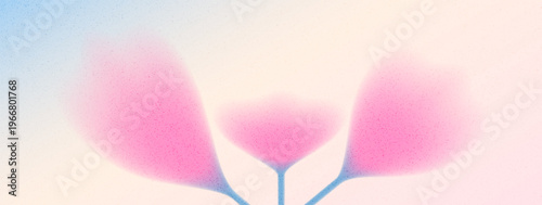 Grain gentle bouquet with gradient on abstract pink pastel background. Grainy tulips with gentle blur for elegant spring banner. Botanical vector florals with dot spray and diffused pink blue tones.