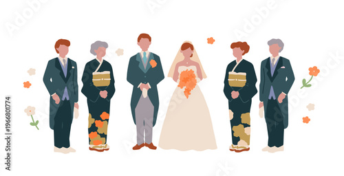 ウェディングドレスや和装、結婚式や前撮り、両親などののイラスト素材セット Illustration set featuring wedding dresses, traditional Japanese attire, wedding ceremonies, pre-wedding photo shoots, and parents.