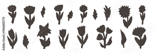 Flower, leaves paper cutouts silhouette. Camomile, daisy, tulip doodle simple angular stickers. Scrapbook summer naive torn elements for fun scrawl design. Vector scribble collage isolated.