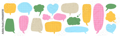 Playful dialogue stickers with rough texture create conversation element, featuring wrinkled balloon shapes, scrapbook cutout isolated. Vector crayon text box set background. Math kids stickers bg.
