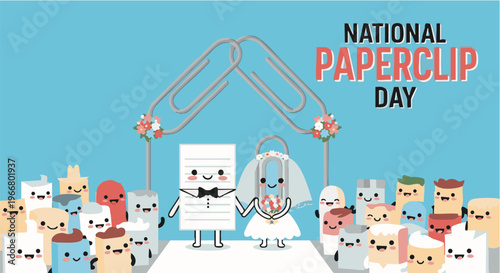 Paperclip wedding couple with diverse cartoon characters in playful colorful lighting for office supplies advertising