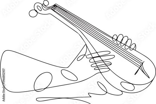 Line art illustration of a stringed musical instrument, potentially a lute or similar, presented in a minimalist, single-line drawing style