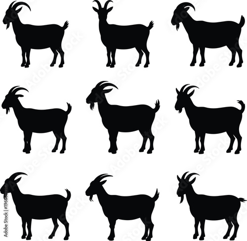 PrintGoat silhouettes, farm animal icons, livestock graphics, horned goat designs, rural agriculture symbols, domestic animal illustration, wildlife silhouette artwork, nature theme concept