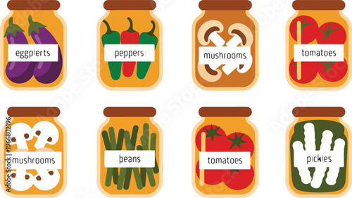 Minimalist flat illustration of six glass jars with pickled vegetables including eggplant tomato pepper beans and mushrooms vector set