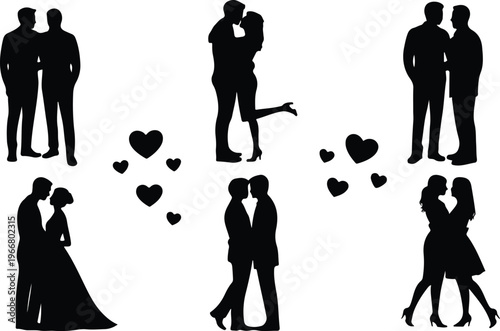 Minimalist couple silhouette collection with love, wedding, dance, and romantic poses arranged in 2x3 grid flat black vector illustration