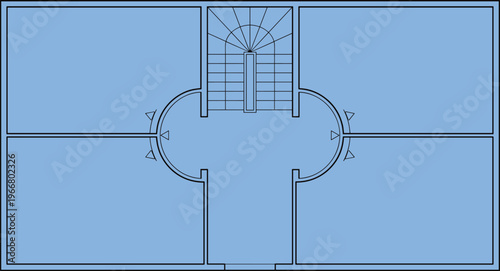 Symmetrical building floor plan with central staircase, circular foyer, four rectangular rooms, architectural blueprint, balanced design, residential visualization