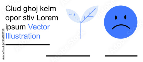 Emotional expression, minimalism, social media, mental health, environment, communication. A blue sad face icon next to a leaf and placeholder text. Mental health and minimalism concept