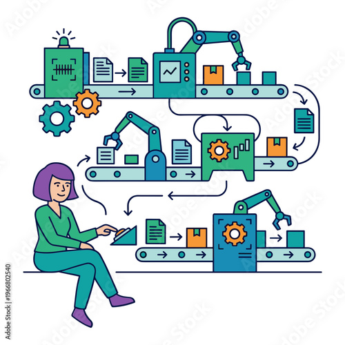 A woman operates a laptop amidst automated industrial robots and machinery on a production line.