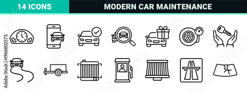 Automotive Service and Car Rental Thin Line Icons featuring Minimalist Monoline Geometric Art for Vehicle Sales and Maintenance Apps