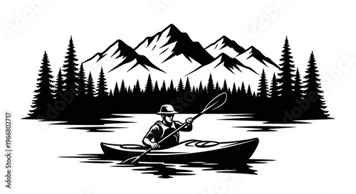 Kayaker paddling on lake with mountain view black silhouette on transparent background