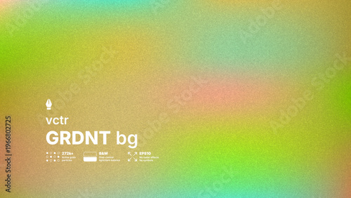 Cinematic vector background with grainy noise texture and soft gradient mesh. Blurred holographic green and yellow colors with film grain effect overlay create a modern retro aesthetic for design.