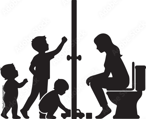 Conceptual Motherhood Silhouette: Multitasking Mom and Playful Learning Vector Design