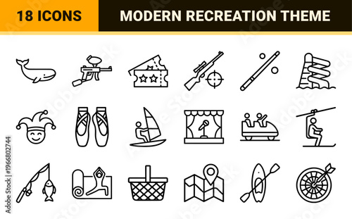 Modern Recreation and Leisure Activities Line Art; Minimalist Monoline Geometric Outlines for Travel, Sports, and Entertainment Media.