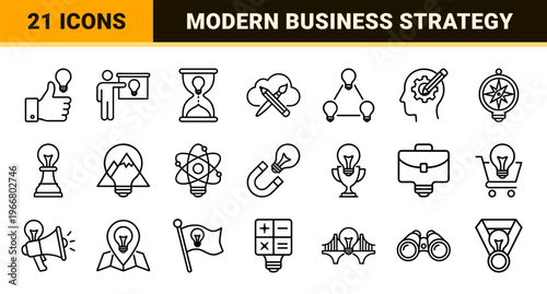 Creative Business Strategy and Innovation Concept Linear Icons Featuring Minimalist Geometric Monoline Design for Corporate Problem Solving